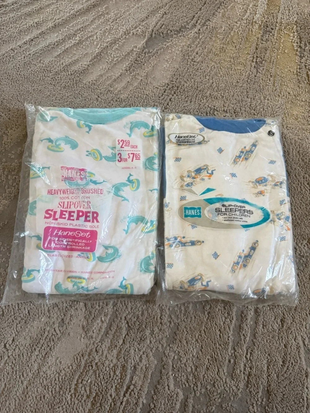 Vintage Hanes footed pajama white blue dolphins race cotton car new boys 8